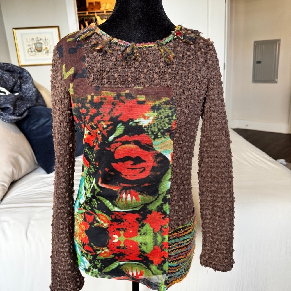 Radzoli Y2K Euro Brown and Vibrant Multicolor Long Sleeve Mesh Top